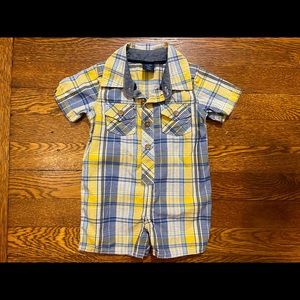 Baby Gap Yellow & Blue Plaid Collared Button Up Romper w Pockets Size 3-6 Months